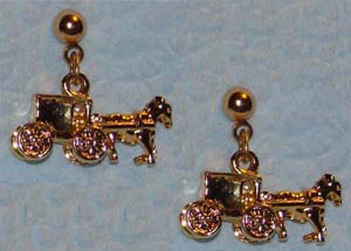 Gold Amish Horse and Buggy Drop Post Earrings